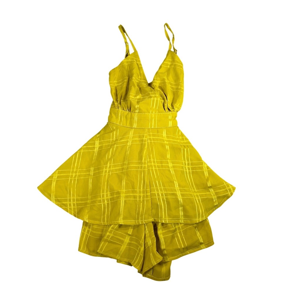 Akira Mustard Yellow Grid Plaid Layered Strappy Romper Dress PJS71586 Small